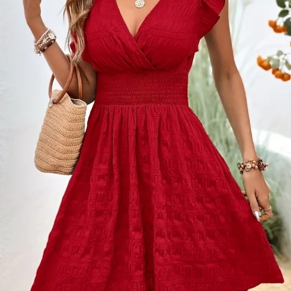 V Neck Red Fit and Flair Red Dress size Small. Elegant Ruffle Fun/ Flirty New - Picture 3 of 3